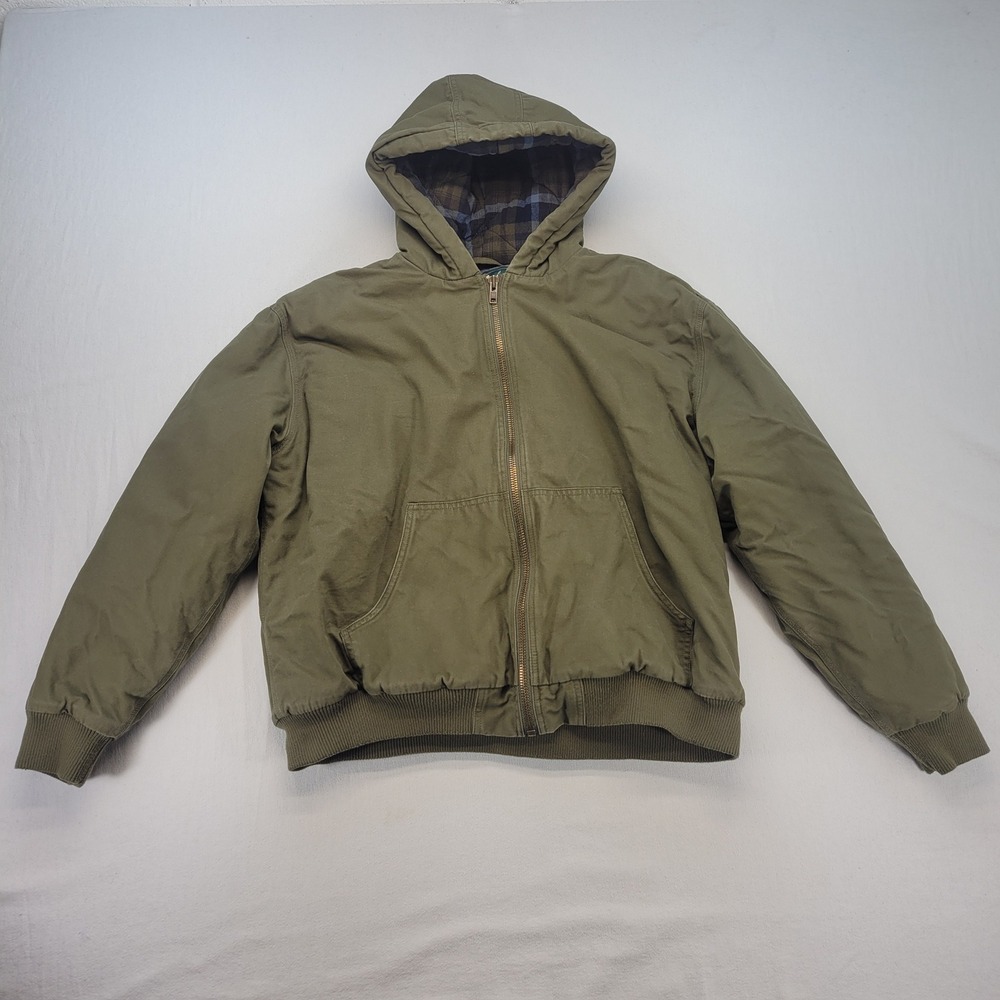 Woolrich Hooded Work Jacket Mens XL Green Canvas Plaid Lined Quilted‎ Full Zip
